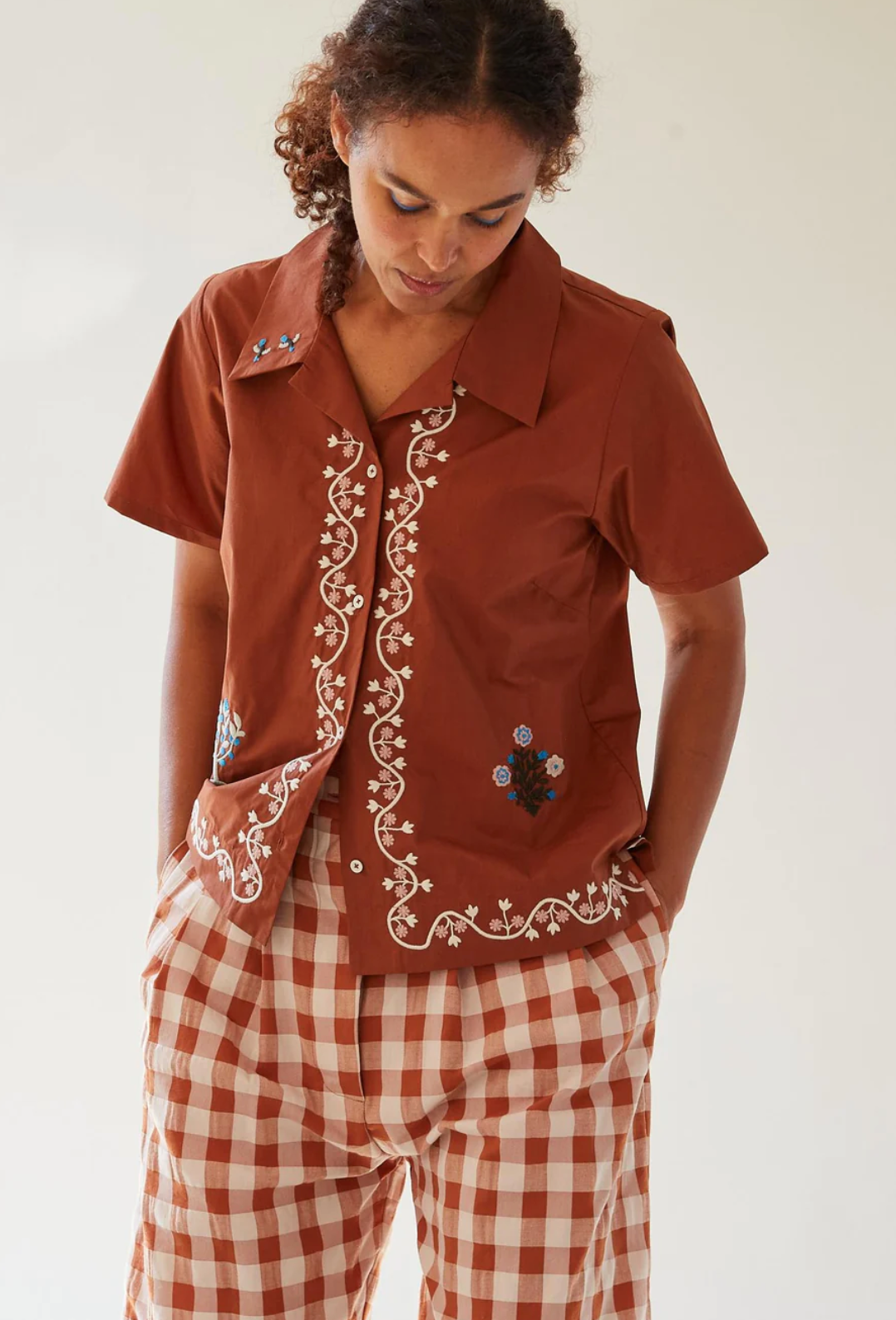 Johanson Shirt with Storybook Embroidery, Terra Cotta Poplin