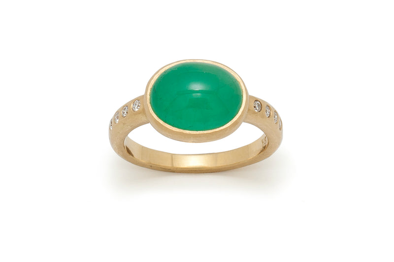 Tony Malmed, contemporary jewelry, 18kt gold, recycled metals, natural emerald, cabochon, diamonds, fine jewelry, ring, conflict-free, handmade, hammered finish, santa fe style