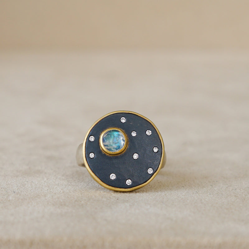 Full Moon & Stars Oxidized Sterling Ring & 18kt Gold, .085ct Dia