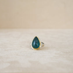 Tony Malmed Blue Green Tourmaline Pear Cabochon in 18K Gold and Sterling Silver