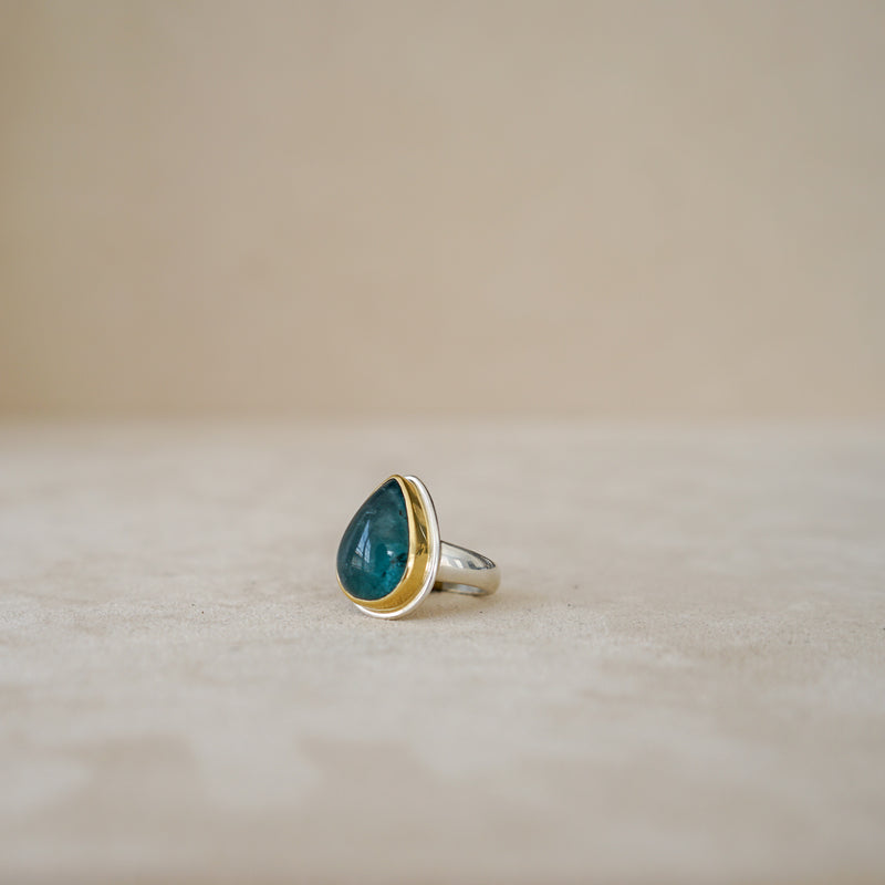 Tony Malmed Blue Green Tourmaline Pear Cabochon in 18K Gold and Sterling Silver