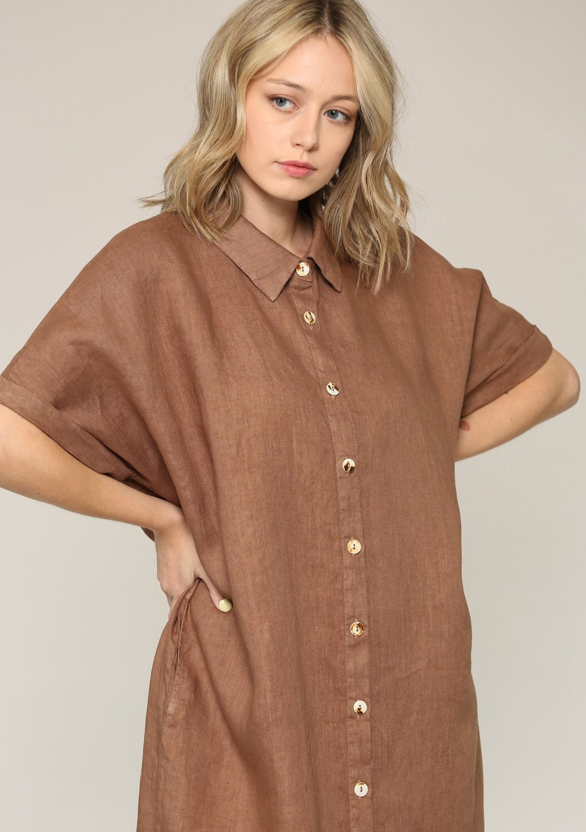 Alexa Linen Shirt Dress, Wheat