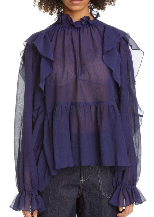 Sofie D'Hoore Ink Violet Navy Ruffle Sheer Top with Long Sleeves