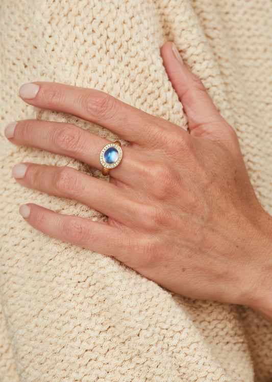 Large Oval Gem Blue Moonstone Ring with .21 Diamonds in 18 kt Gold