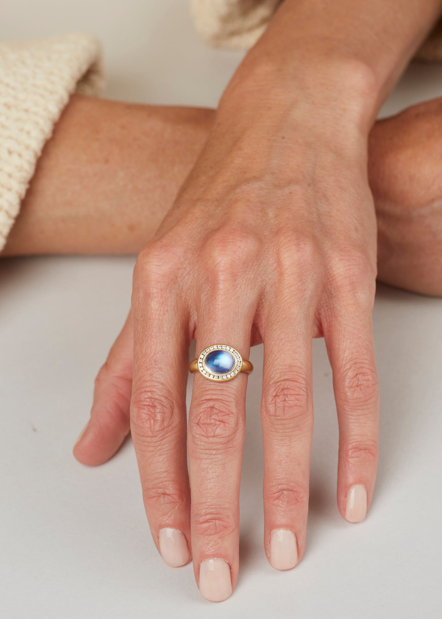 Large Oval Gem Blue Moonstone Ring with .21 Diamonds in 18 kt Gold