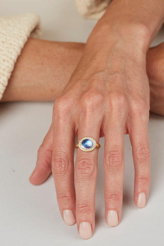 Large Oval Gem Blue Moonstone Ring with .21 Diamonds in 18 kt Gold